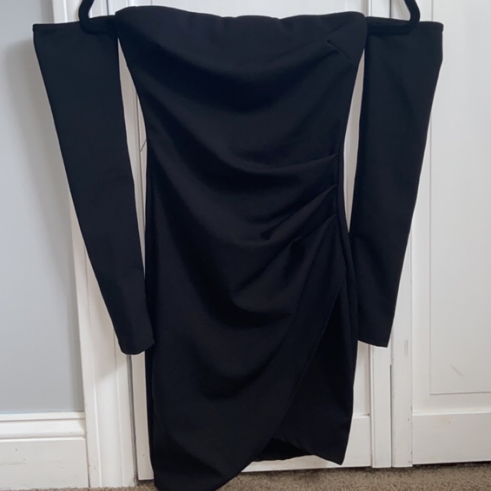 off the shoulder black mini dress